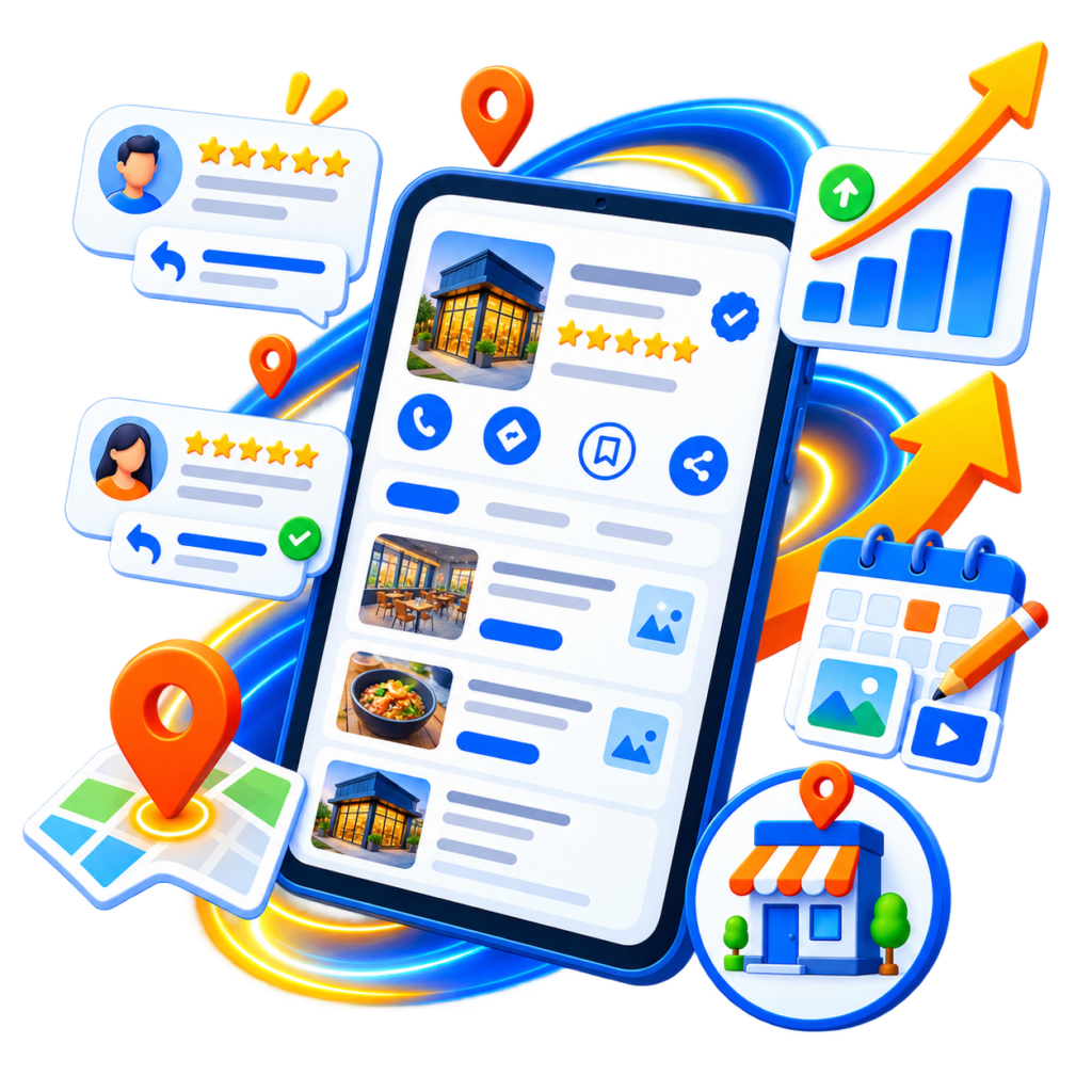 GMB optimisation illustration showing Google Business Profile reviews, map visibility and profile growth