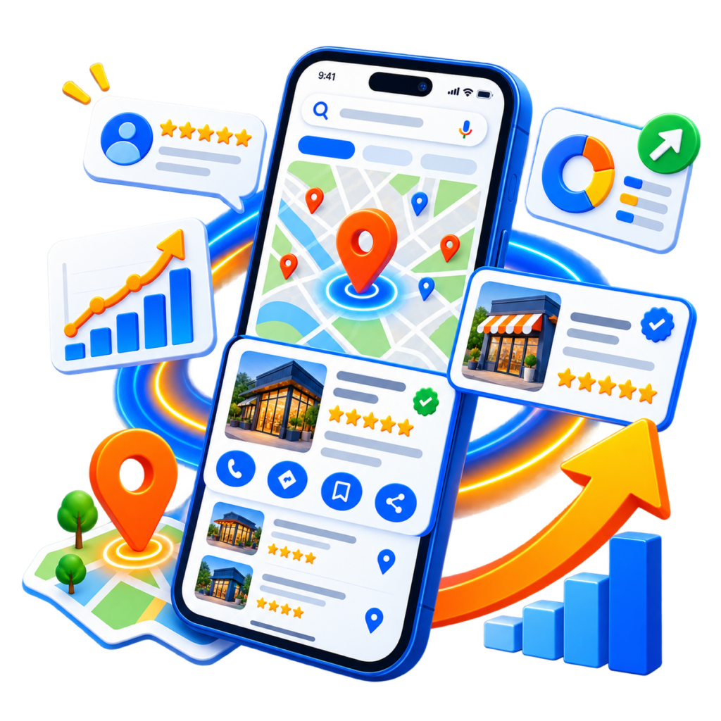 Google Business Profile management illustration showing local visibility, reviews and business growth