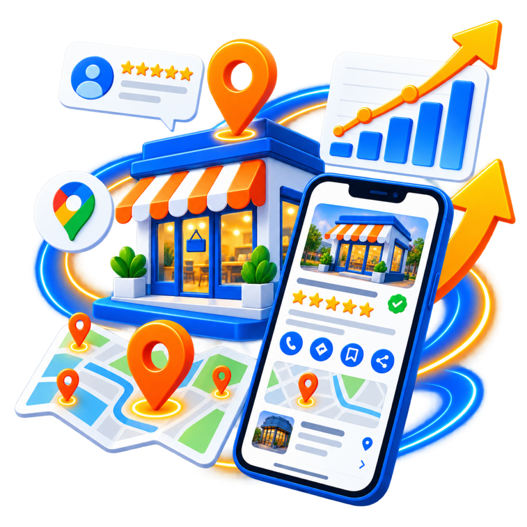 Local business Google Maps visibility illustration with reviews, location signals and growth analytics